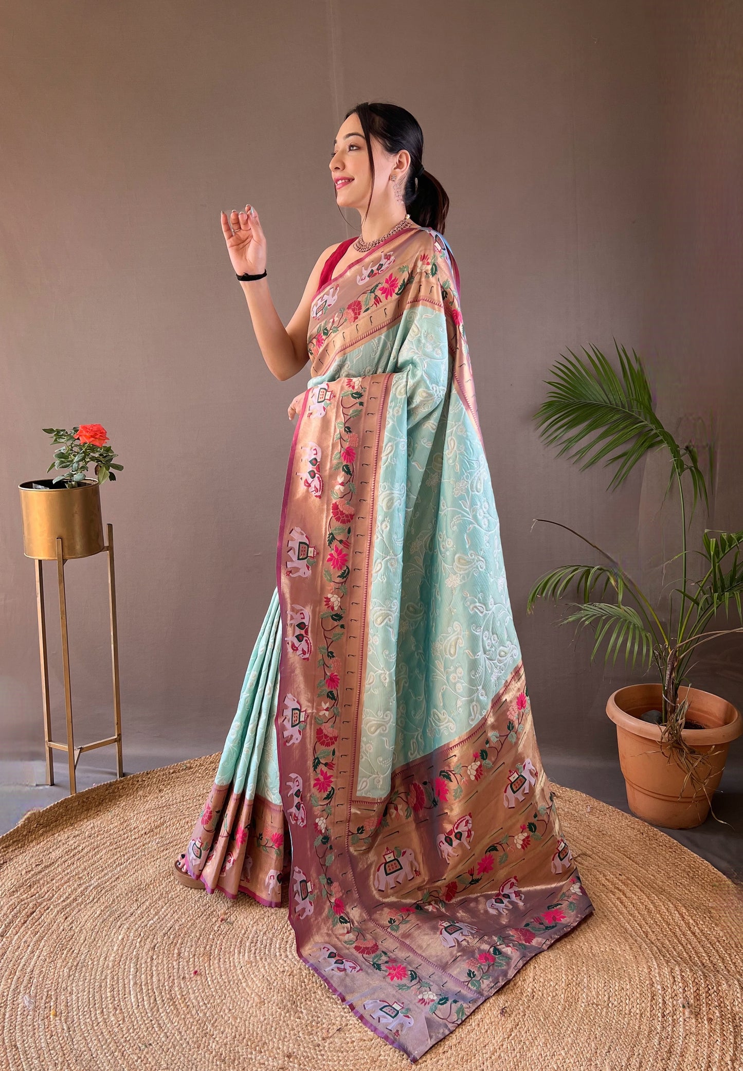 Sky Beautiful Lucknowi Concept weaving saree