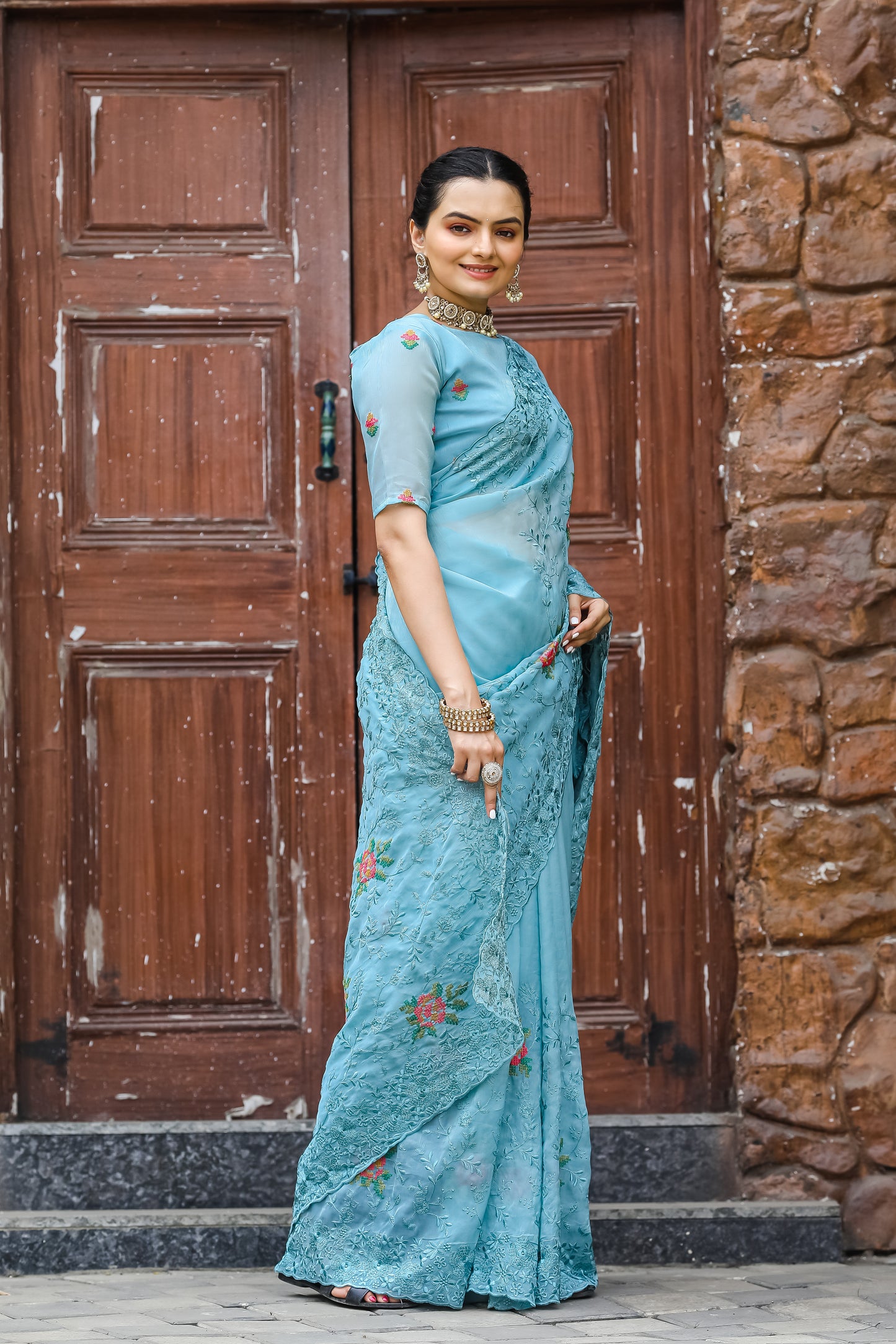 Sky Pure shiny zari chiffon saree