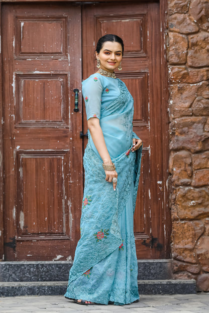 Sky Pure shiny zari chiffon saree