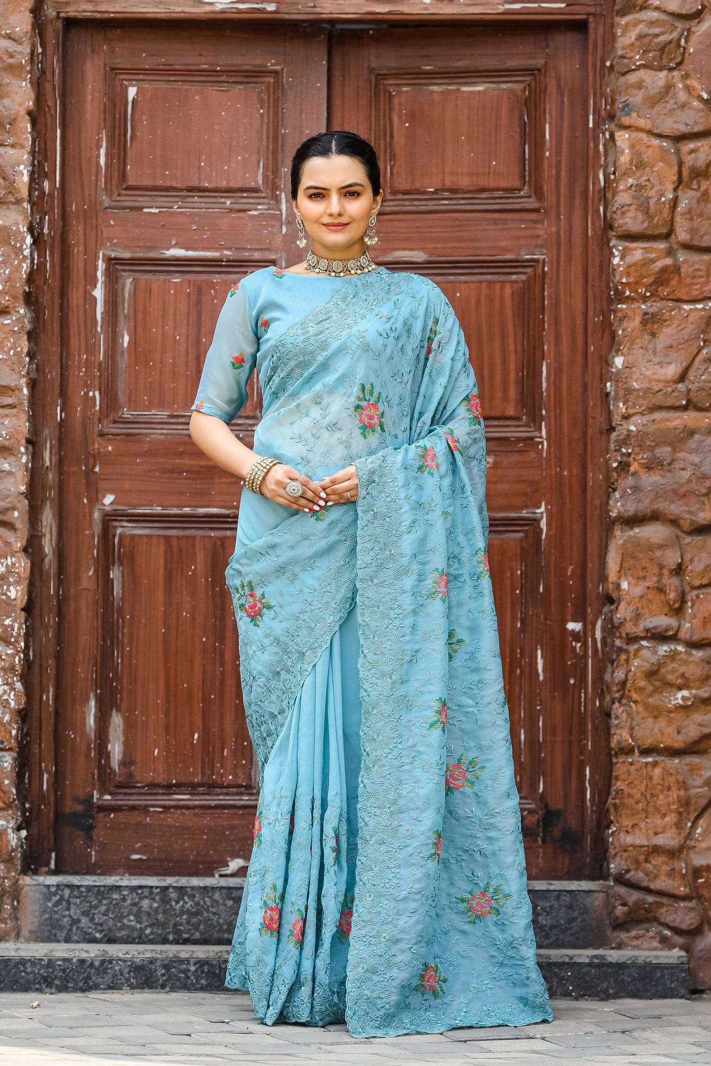 Sky Pure shiny zari chiffon saree