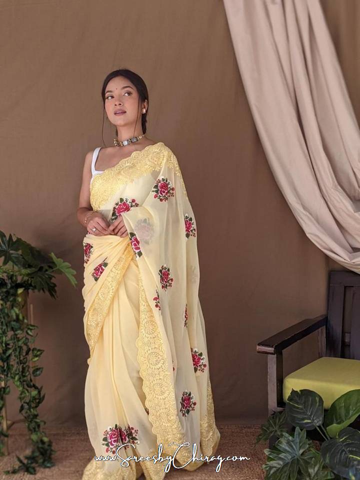 YELLOW PURE GEORGETTE SILK SAREE WITH FLORAL EMBROIDERY & INTRICATE CUTWORK