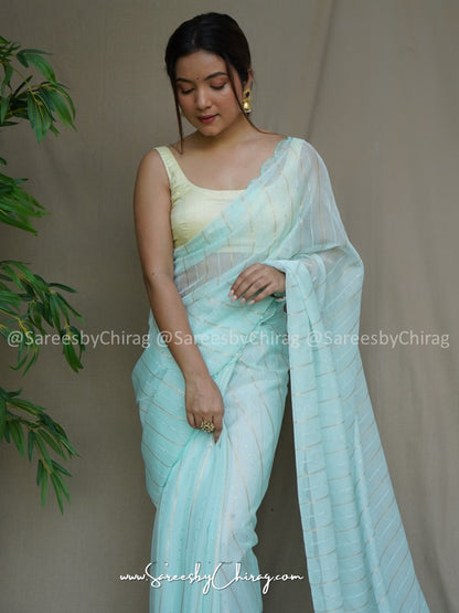 SEA GREEN FOIL PRINT DIGITAL SAREE WITH HAND CUTWORK BORDER & SATIN BANGLORI BLOUSE