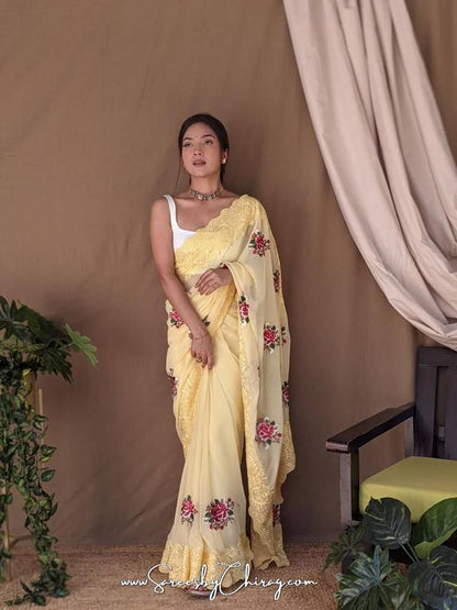 YELLOW PURE GEORGETTE SILK SAREE WITH FLORAL EMBROIDERY & INTRICATE CUTWORK