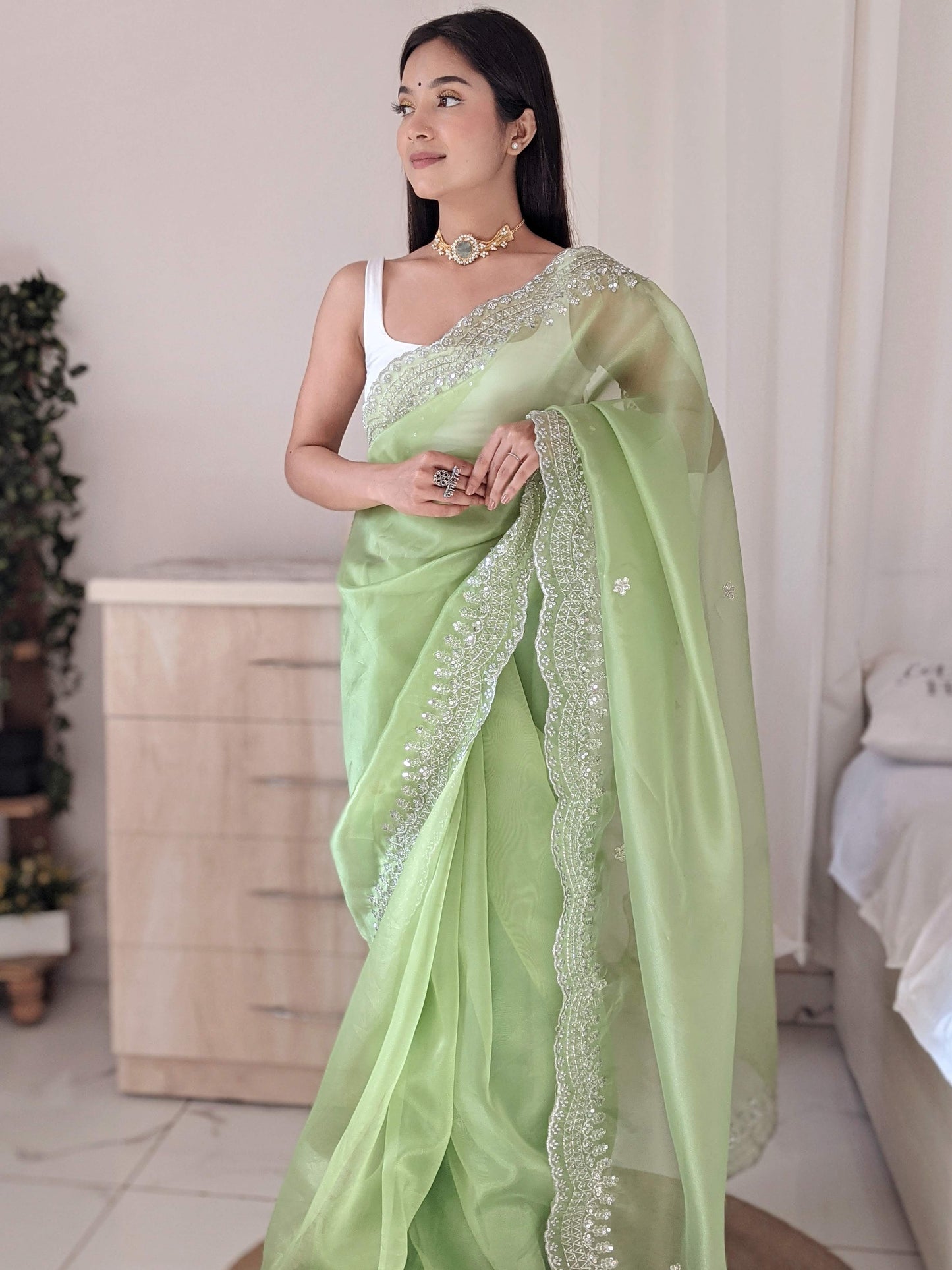 GREEN PURE ORGANZA SILK SAREE