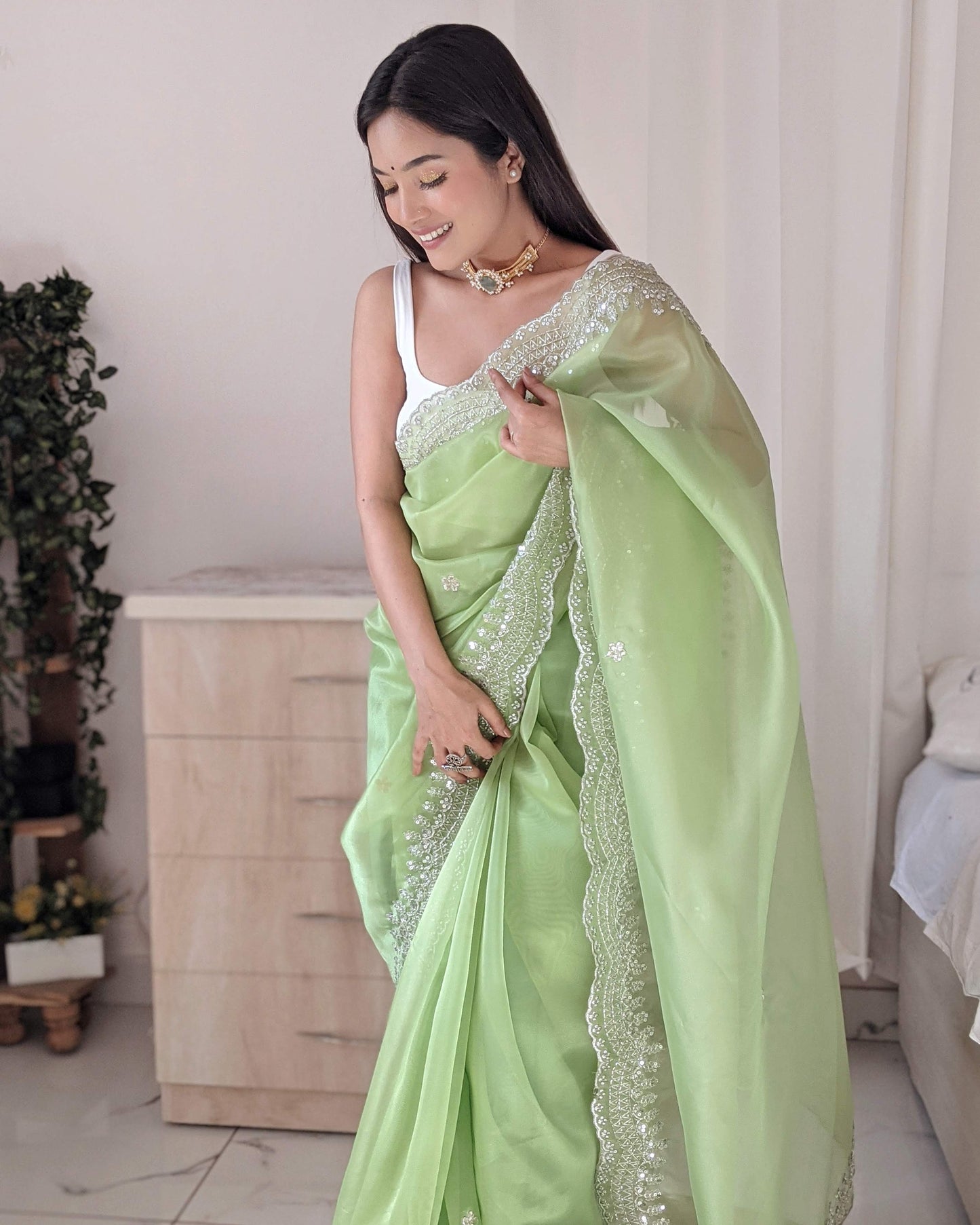 GREEN PURE ORGANZA SILK SAREE