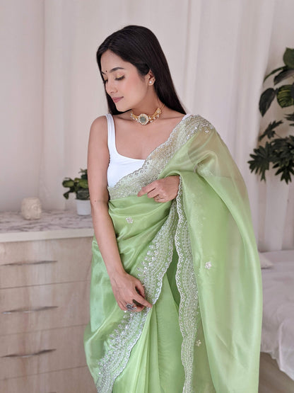 GREEN PURE ORGANZA SILK SAREE