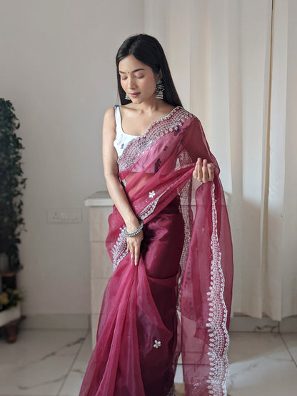 WINE PURE ORGANZA SILK SAREE