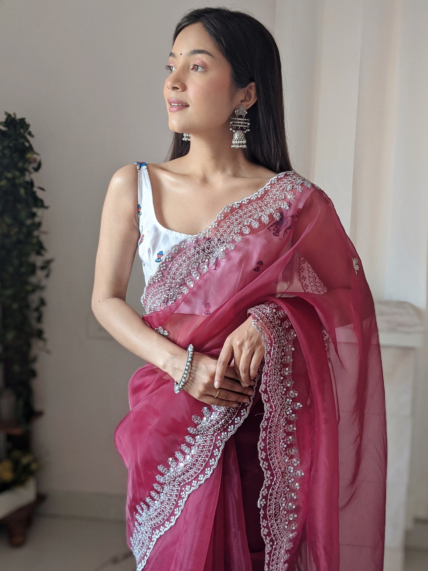 WINE PURE ORGANZA SILK SAREE