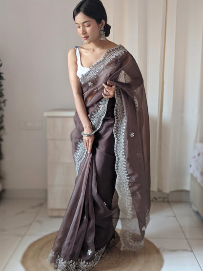 BROWN PURE ORGANZA SILK SAREE