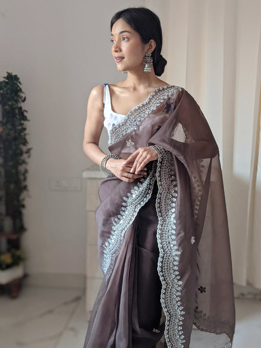 BROWN PURE ORGANZA SILK SAREE