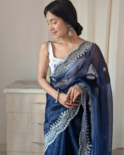 Navy Blue PURE ORGANZA SILK SAREE