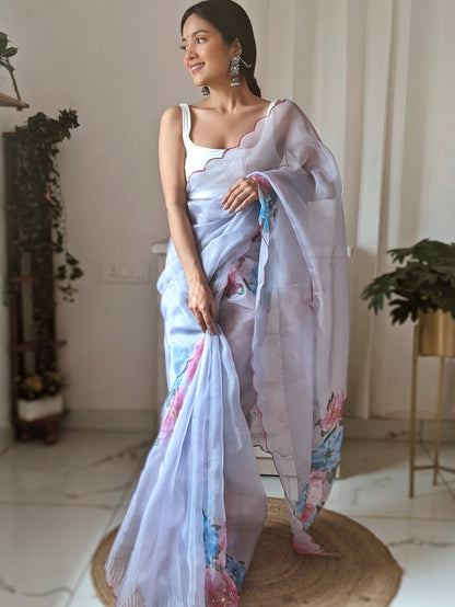 SKY ORGANZA SAREE WITH DIGITAL PRINT & INTRICATE KHATALI WORK