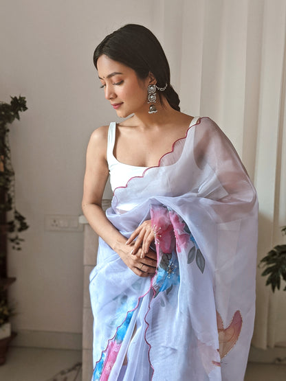 SKY ORGANZA SAREE WITH DIGITAL PRINT & INTRICATE KHATALI WORK