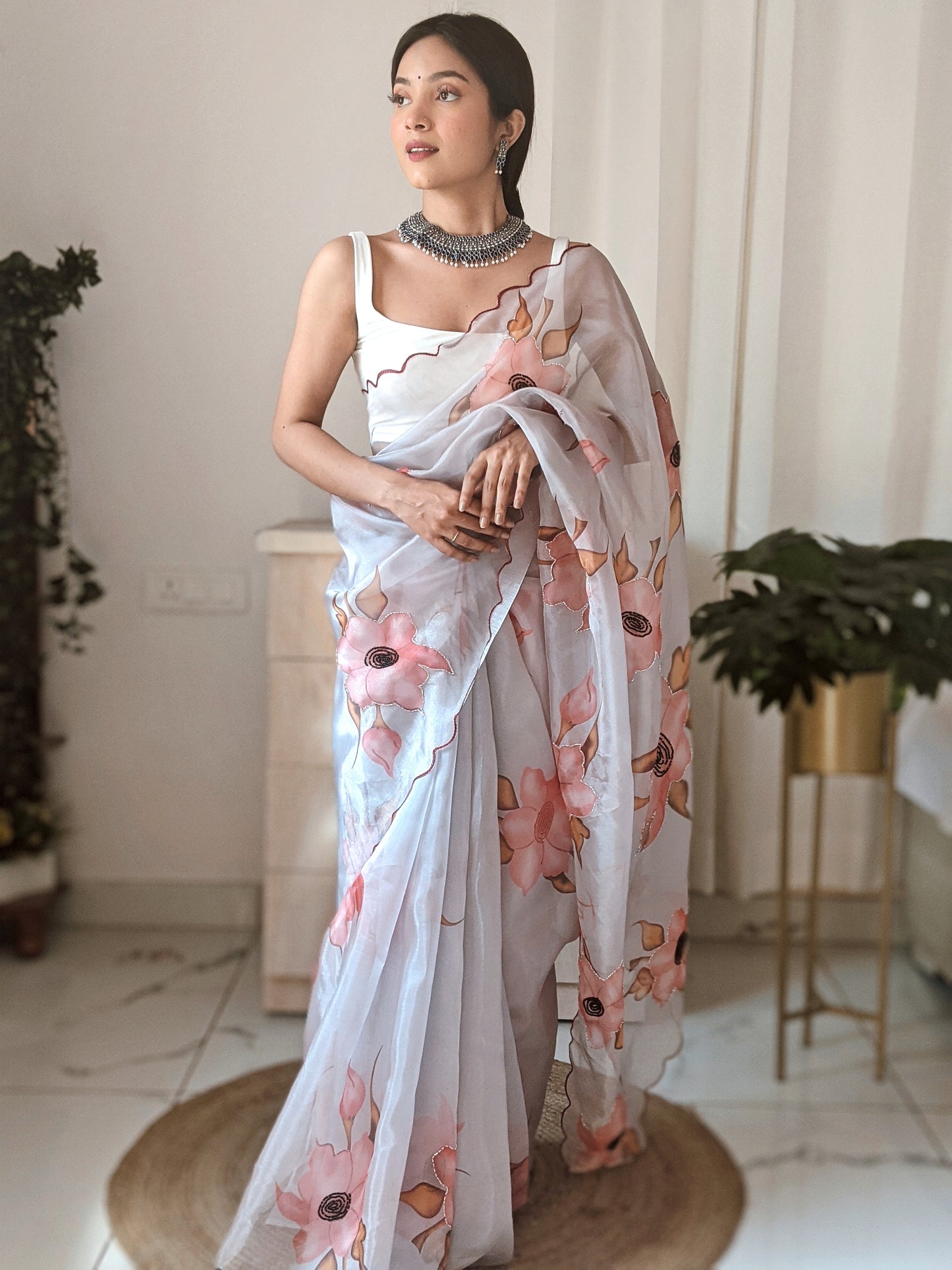 BABY PINK ORGANZA SAREE WITH DIGITAL PRINT & INTRICATE KHATALI WORK