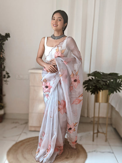 BABY PINK ORGANZA SAREE WITH DIGITAL PRINT & INTRICATE KHATALI WORK