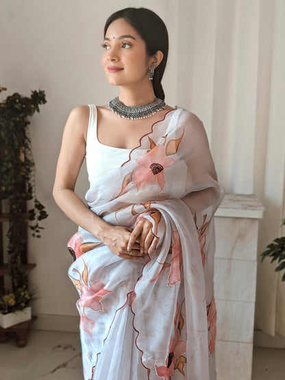 BABY PINK ORGANZA SAREE WITH DIGITAL PRINT & INTRICATE KHATALI WORK