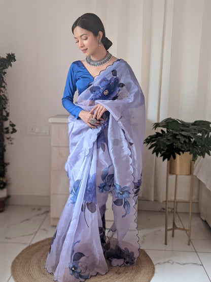 GREY ORGANZA SAREE WITH DIGITAL PRINT & INTRICATE KHATALI WORK