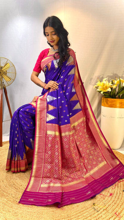 Violet Kanchipuram sarees with a temple weaving border.