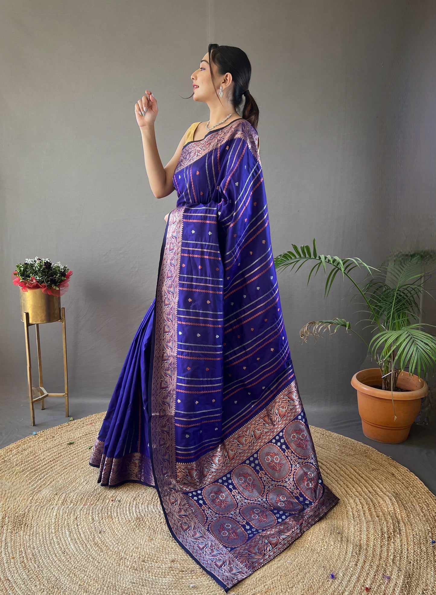 VOILET SILK SAREES WITH SILVER , COPPER AND ANTIQUE WEAVING USED.