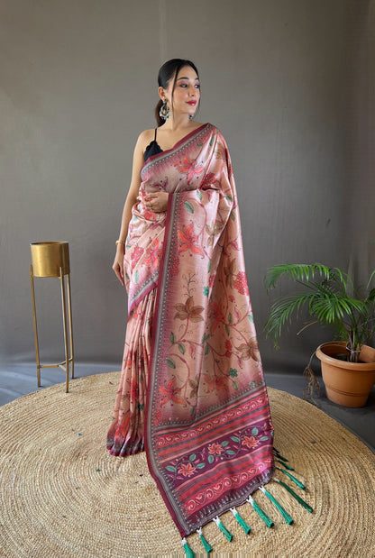 Wine Digital Kalamkari print concept on semi silk weaves