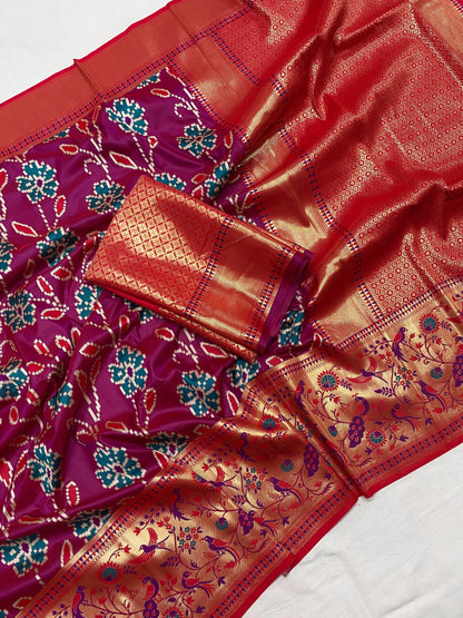 Wine Soft silk saree With patola weaving concepts