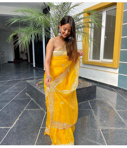 yellow PURE ORGANZA SILK SAREE