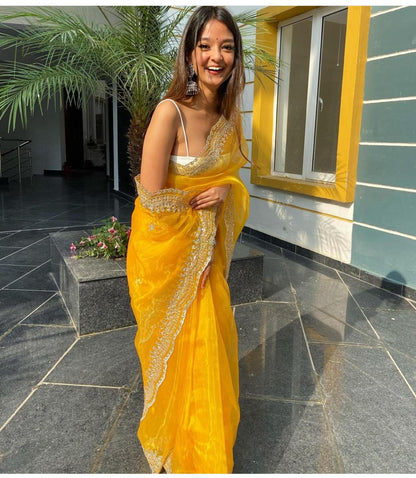 YELLOW PURE ORGANZA SILK SAREE