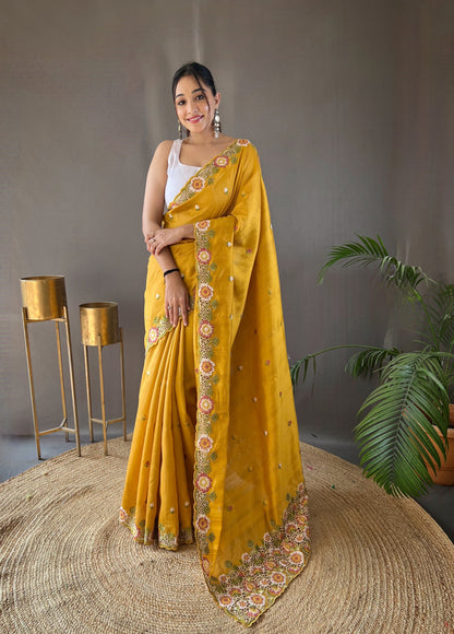 Yellow Pure Tussar silk saree with all over beautiful contrast