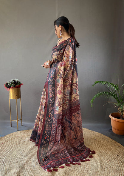 Yellow Beautiful pallu and border all over the saree with tassels