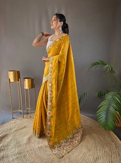 Yellow Pure Tussar silk saree with all over beautiful contrast