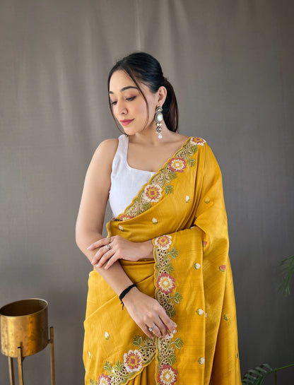 Yellow Pure Tussar silk saree with all over beautiful contrast