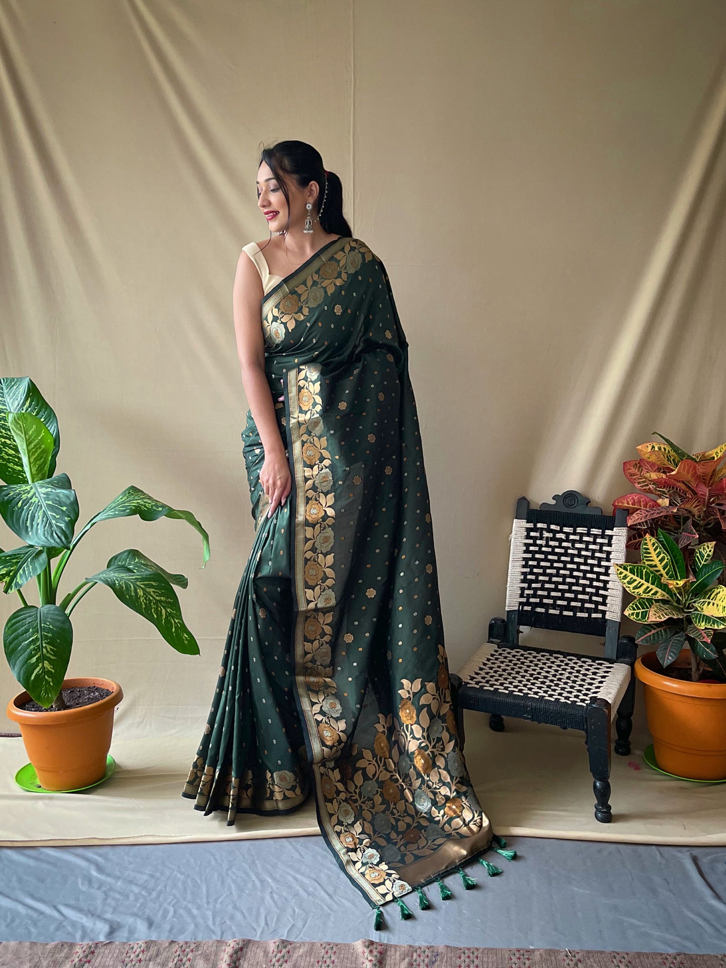 GREEN SOFT SILK SAREES WITH GOLD ZARI WEAVING