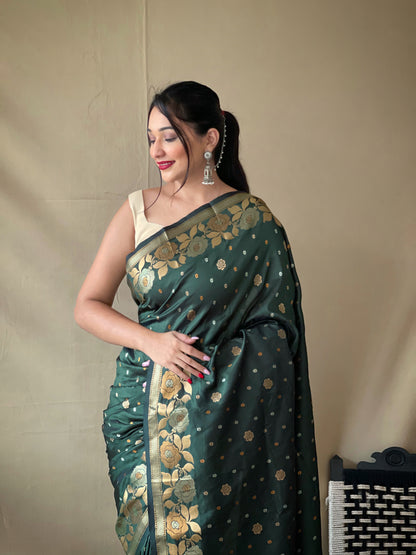 GREEN SOFT SILK SAREES WITH GOLD ZARI WEAVING