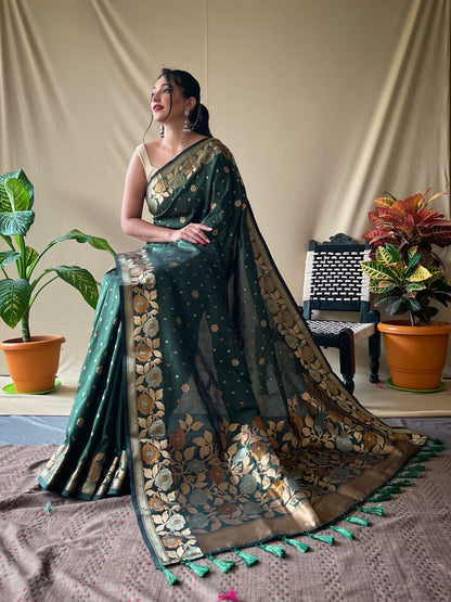 GREEN SOFT SILK SAREES WITH GOLD ZARI WEAVING