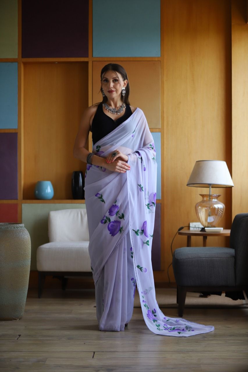 PURPLE STUNNING GEORGETTE SILK SAREE WITH HANDPRINT, GOLD ZARI & CHIKANKARI BORDER