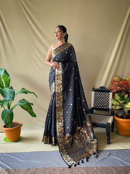 BLACK SOFT SILK SAREES WITH GOLD ZARI WEAVING