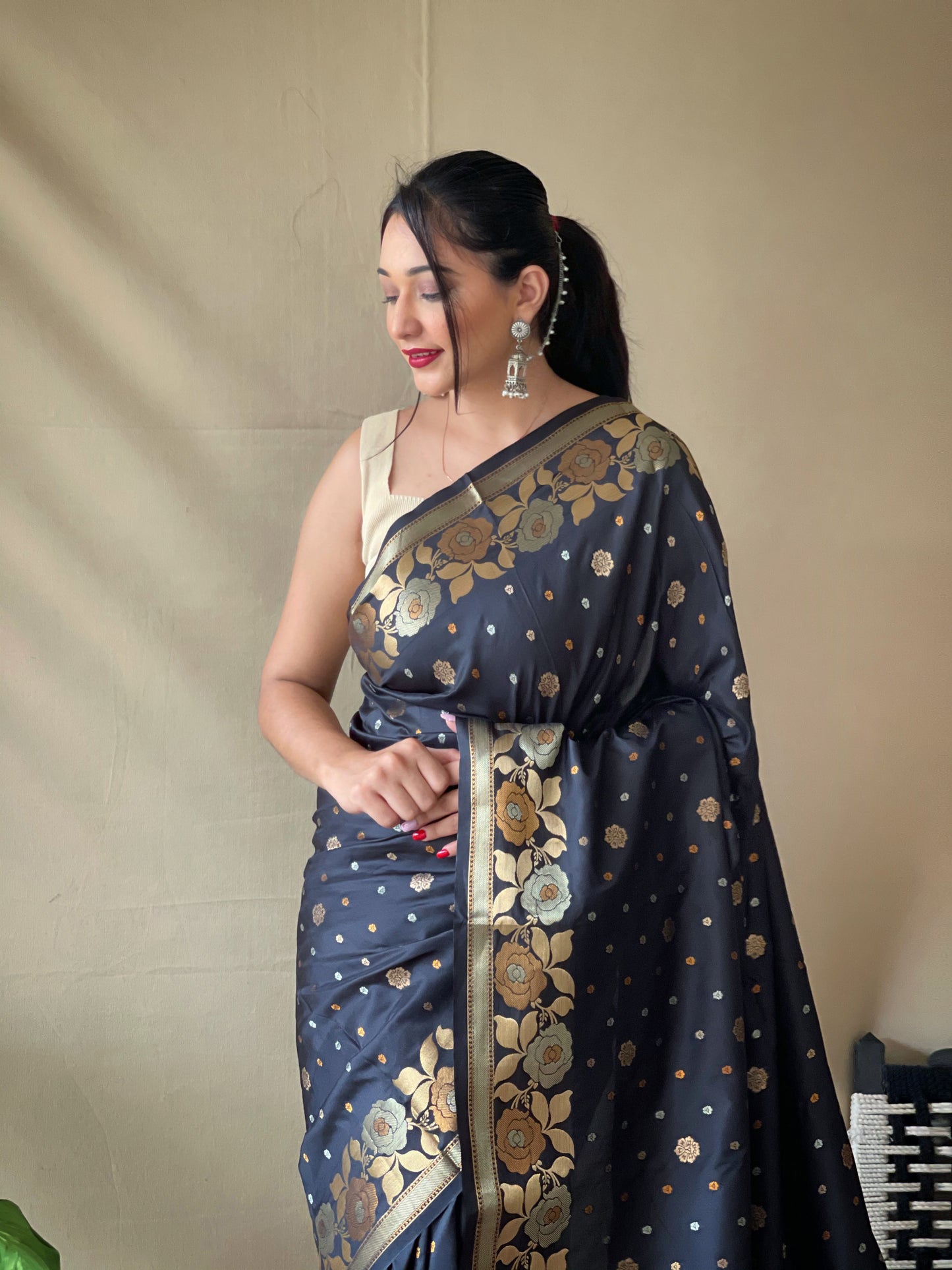 BLACK SOFT SILK SAREES WITH GOLD ZARI WEAVING