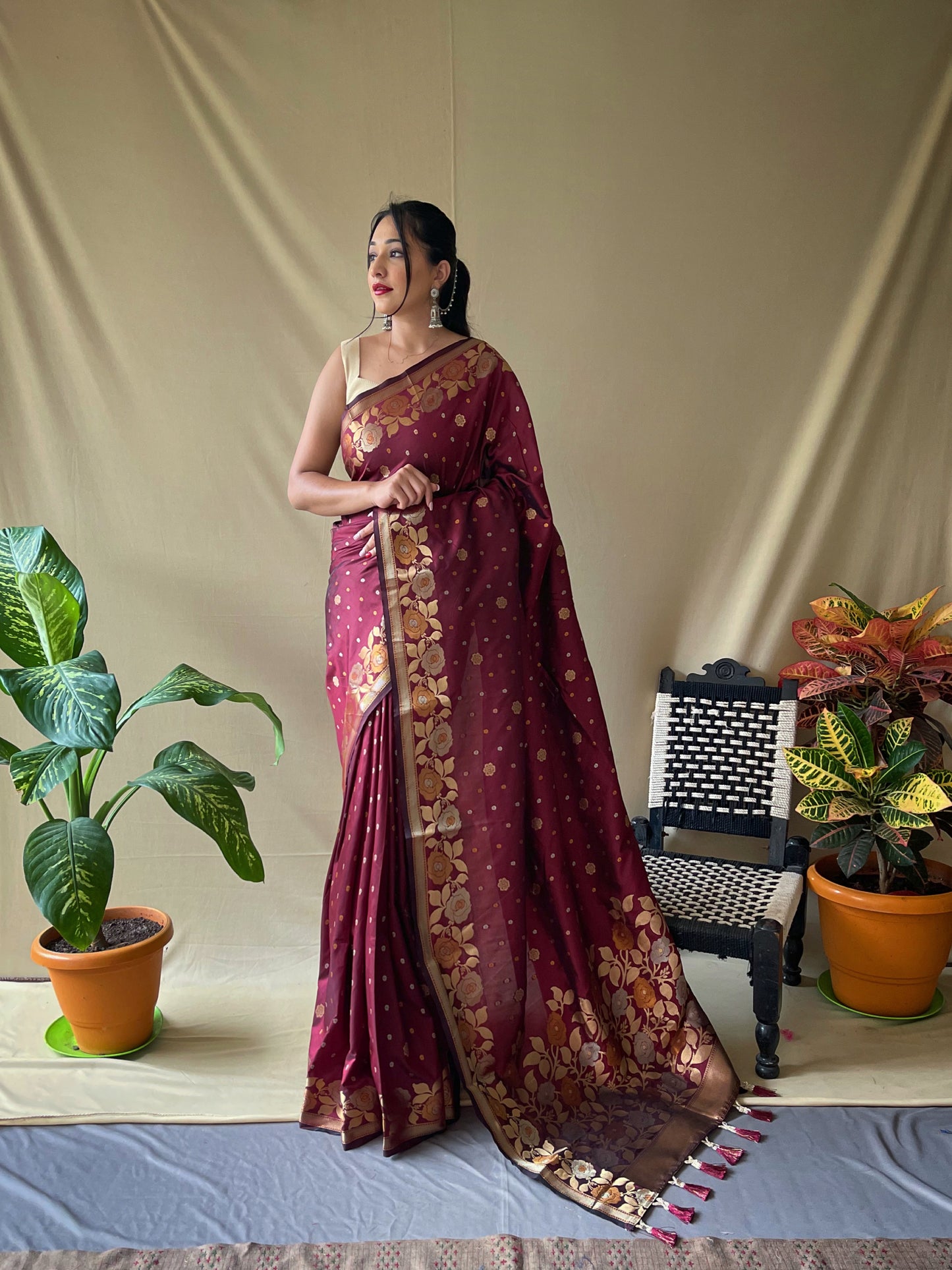 BROWN SOFT SILK SAREES WITH GOLD ZARI WEAVING