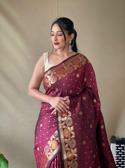 BROWN SOFT SILK SAREES WITH GOLD ZARI WEAVING