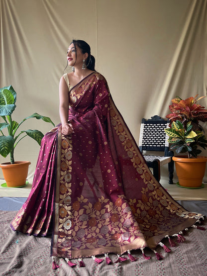 BROWN SOFT SILK SAREES WITH GOLD ZARI WEAVING