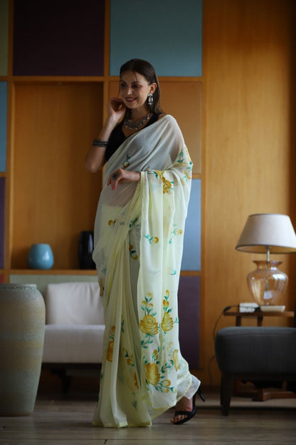 YELLOW STUNNING GEORGETTE SILK SAREE WITH HANDPRINT, GOLD ZARI & CHIKANKARI BORDER