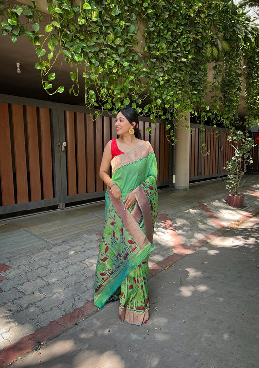 Lime green Pure banarasi paithani silk saree