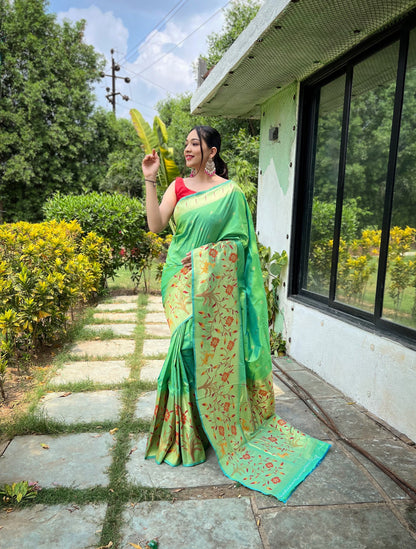 LIME GREEN BEAUTIFULL PURE PAITHANI SILK SAREE