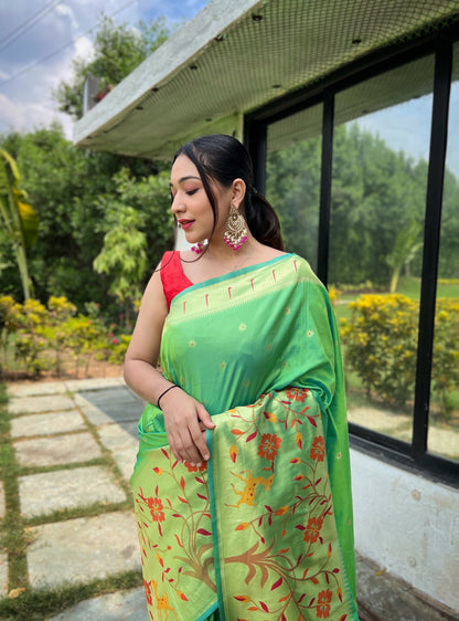 LIME GREEN BEAUTIFULL PURE PAITHANI SILK SAREE