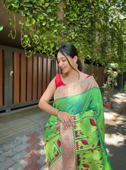 Lime green Pure banarasi paithani silk saree