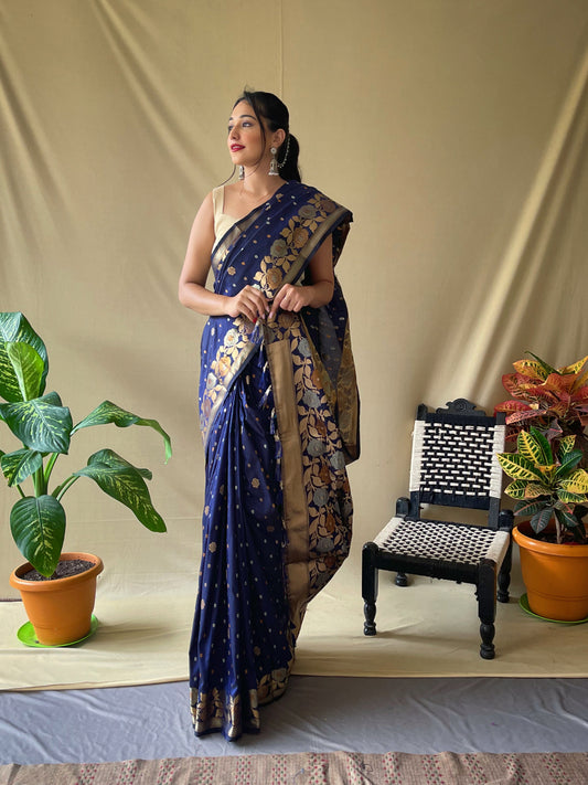 NAVY BLUE SOFT SILK SAREES WITH GOLD ZARI WEAVING