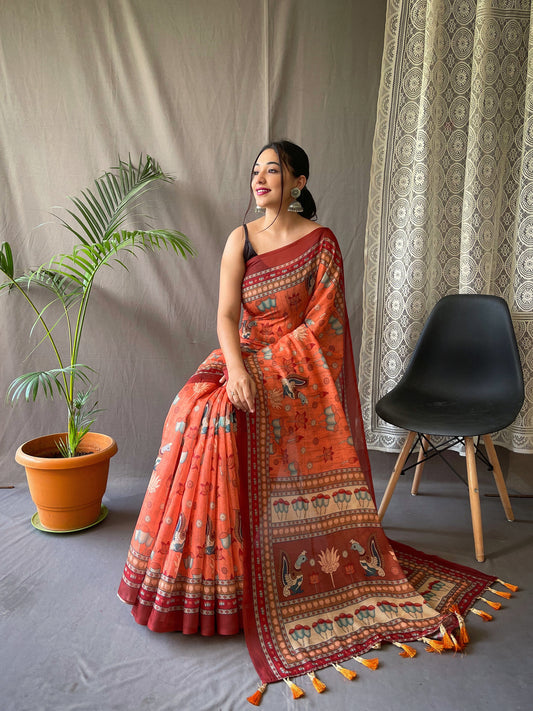 ORANGE PURE MALAI COTTON SAREE