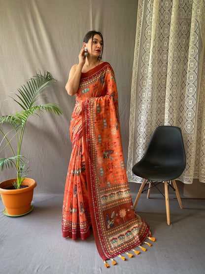 ORANGE PURE MALAI COTTON SAREE