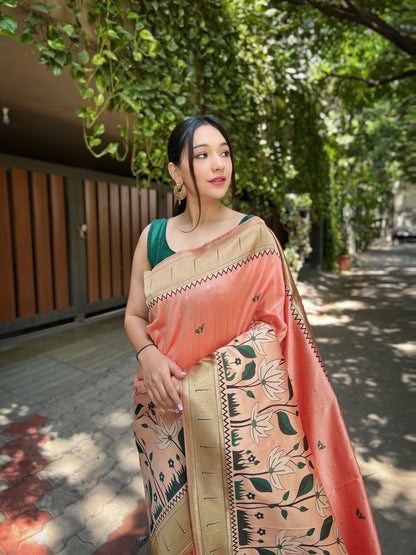 Peach Pure banarasi paithani silk saree