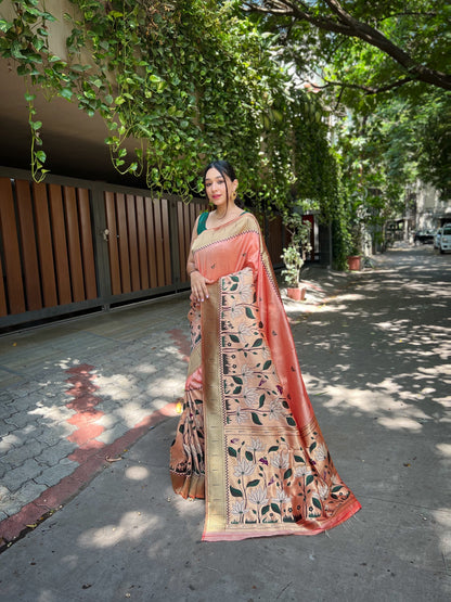 Peach Pure banarasi paithani silk saree